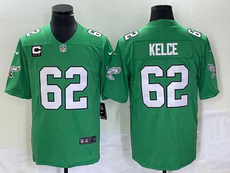 Mens Philadelphia Eagles #62 Jason Kelce Green C Patch 2023 Vapor Limited Throwback Jersey